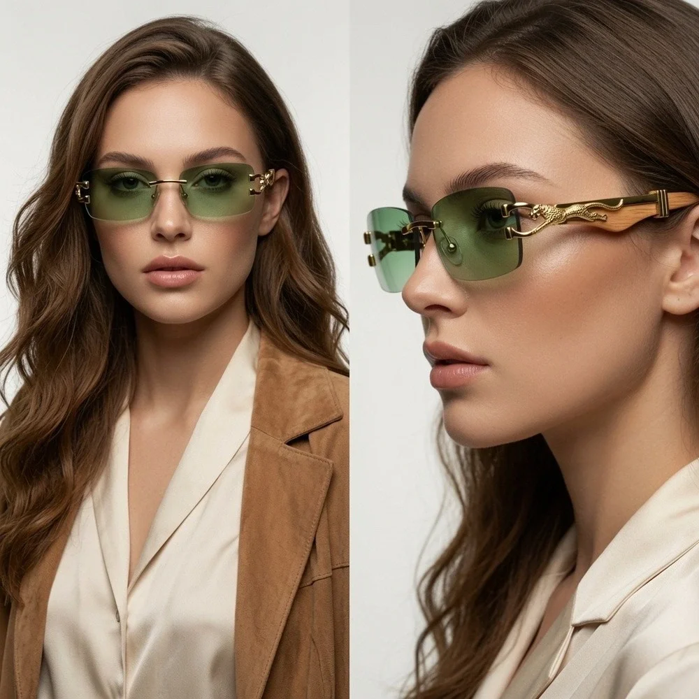 Premium Tinted Lenses Cheetah Ornament Rimless Eyewear  Green Sunglasses Women
